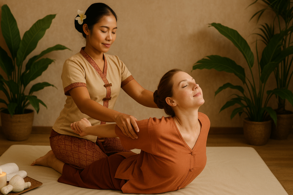Thai massage therapist performing assisted stretching on a relaxed female client at Royal Thai Massage Tallinn.